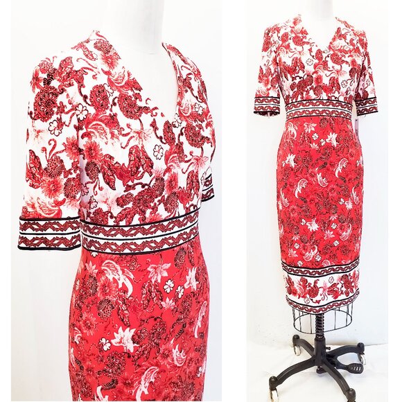 Maggy London Womens Red White Border Print Floral Short Sleeve Midi Dress NWT 2 - Picture 1 of 13